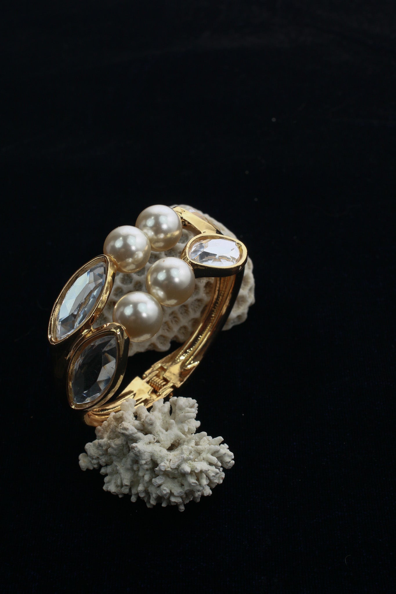 Anti - Tarnish Stainless Steel Bracelet — Gold Pearls & Marquise Crystal Cuff - Maxiblink