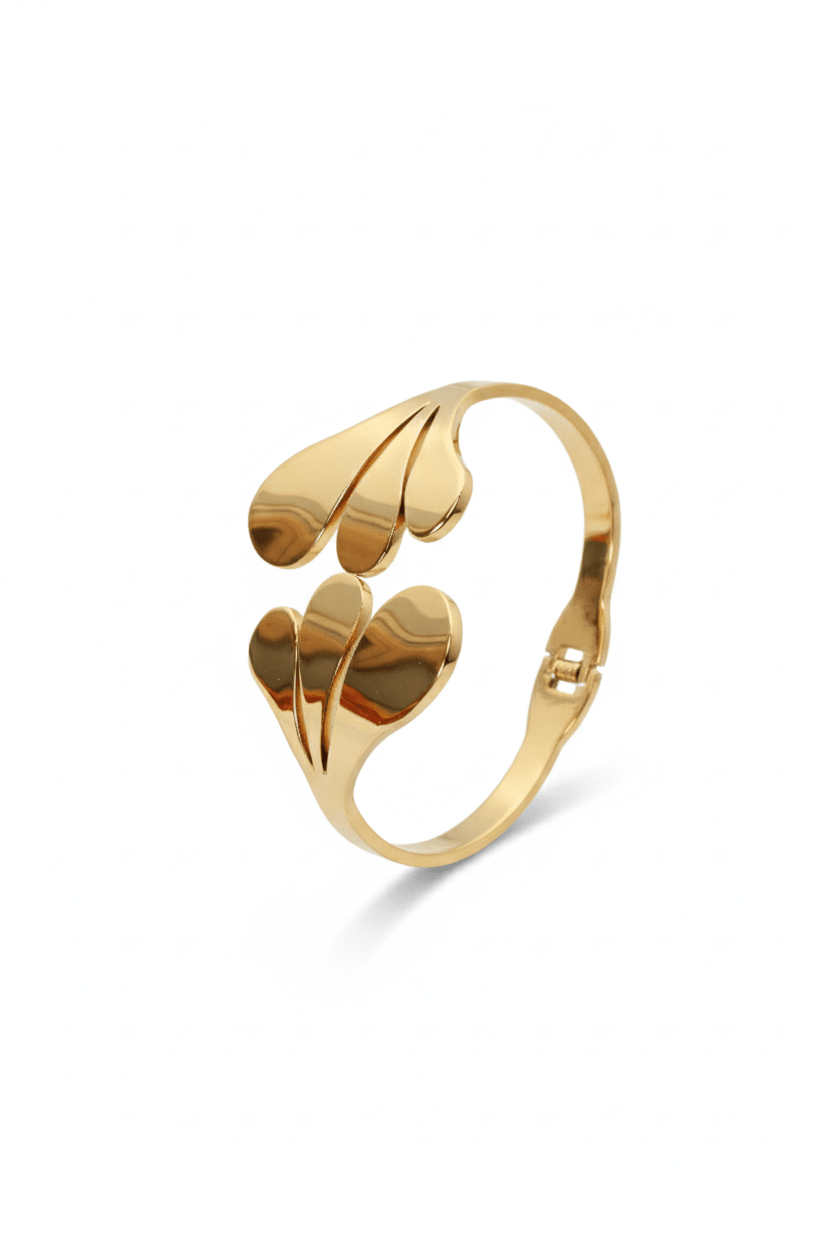 Anti - Tarnish Stainless Steel Bracelet — Gold Polished Leaf Cuff - Maxiblink