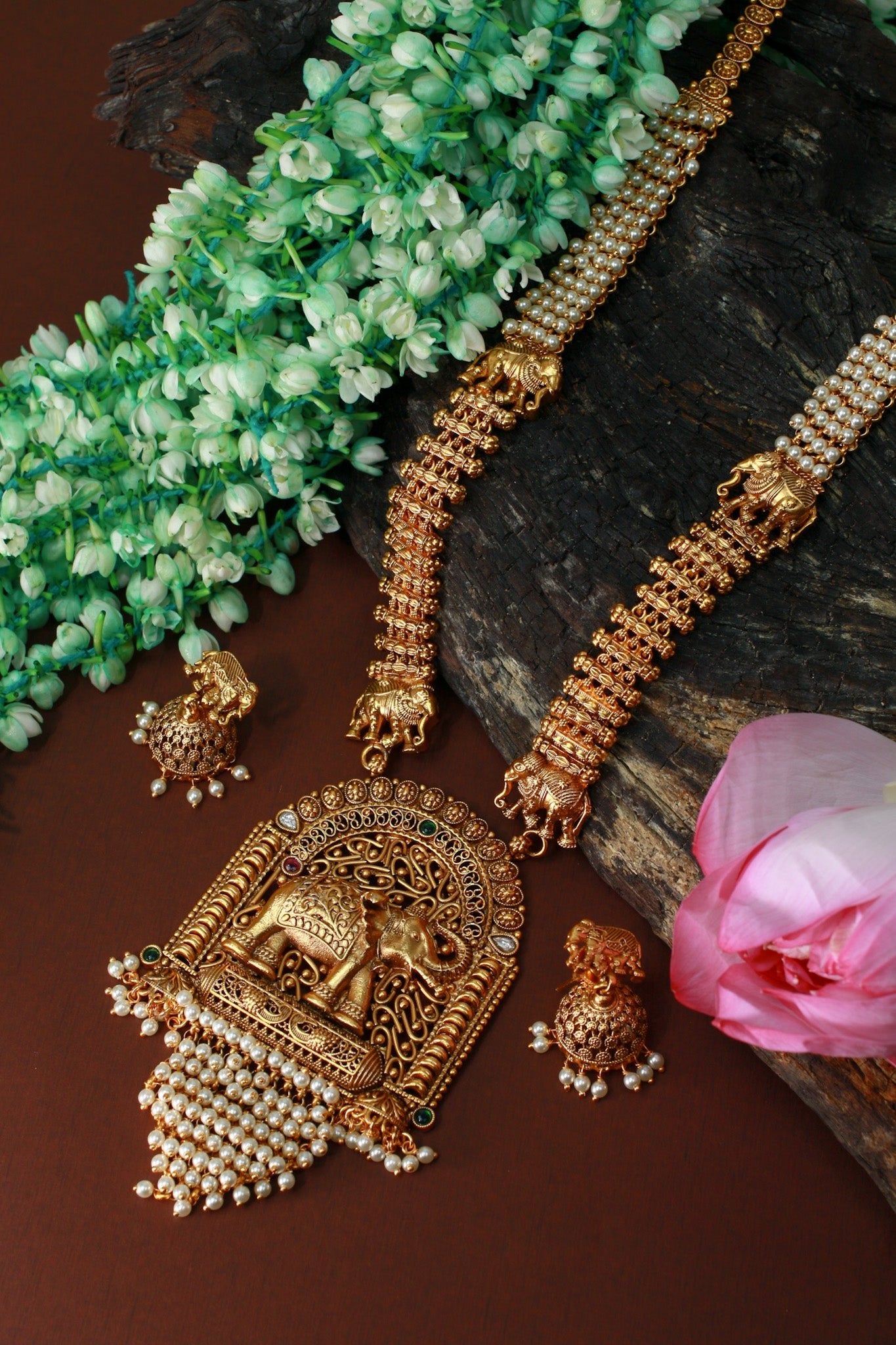 Antique Elephant Temple Pendant Haram with Pearl Tassel - Maxiblink