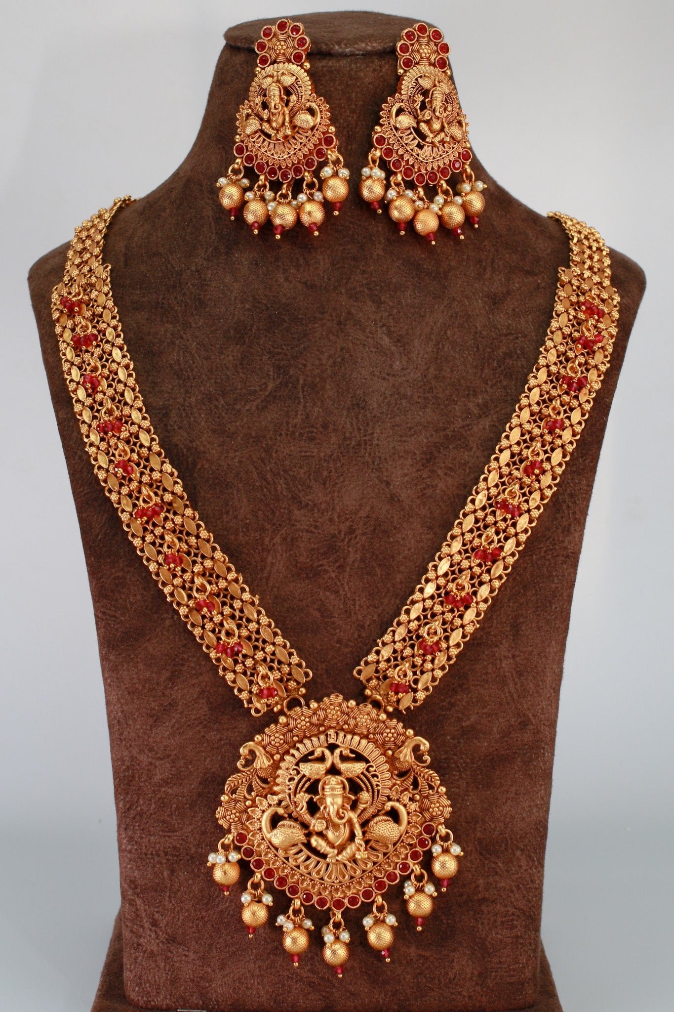 Antique Ganesha Temple Necklace with Ruby Kemp & Pearl Drops - Maxiblink