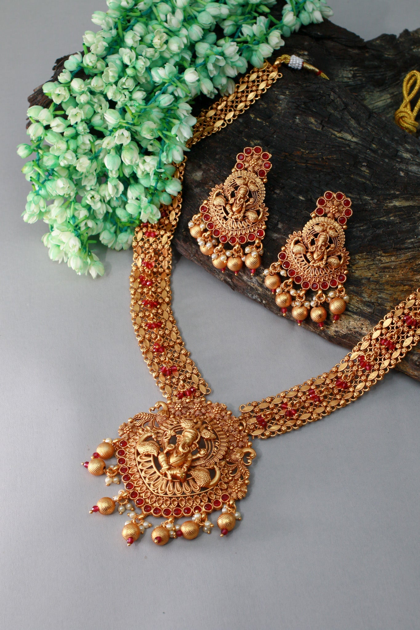 Antique Ganesha Temple Necklace with Ruby Kemp & Pearl Drops - Maxiblink