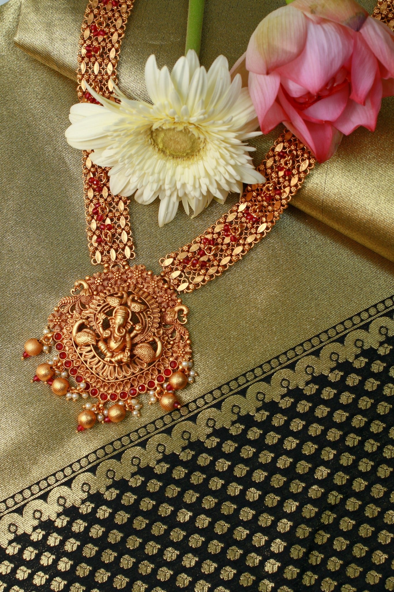 Antique Ganesha Temple Necklace with Ruby Kemp & Pearl Drops - Maxiblink