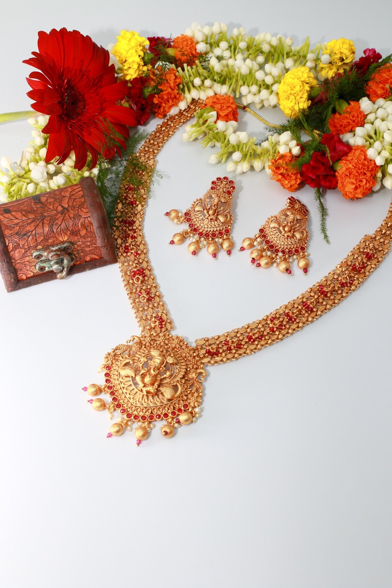Antique Ganesha Temple Necklace with Ruby Kemp & Pearl Drops - Maxiblink