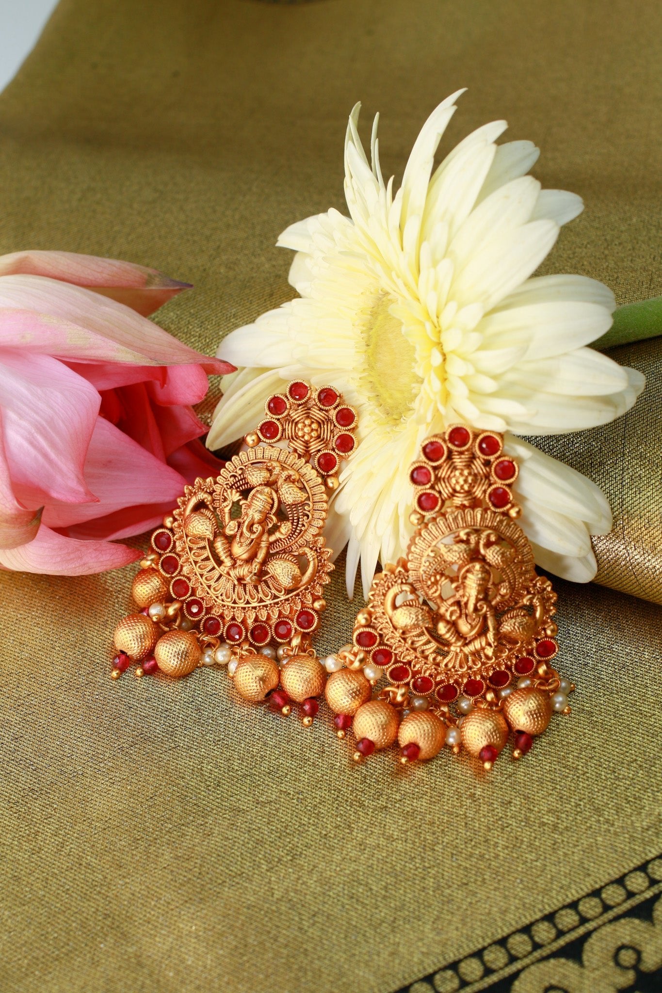 Antique Ganesha Temple Necklace with Ruby Kemp & Pearl Drops - Maxiblink