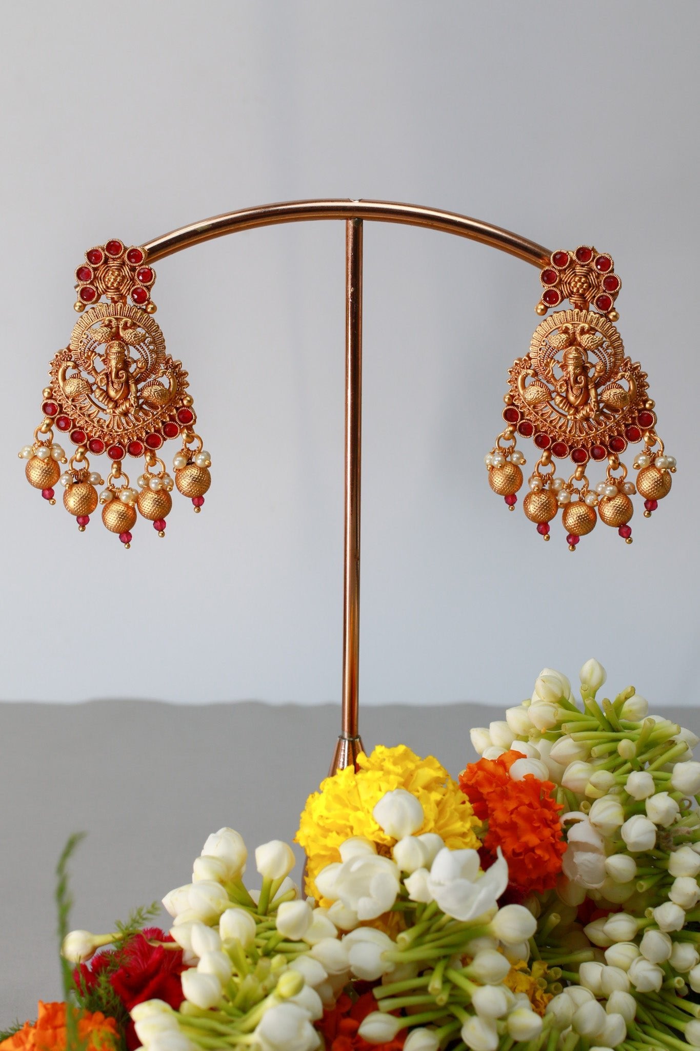 Antique Ganesha Temple Necklace with Ruby Kemp & Pearl Drops - Maxiblink