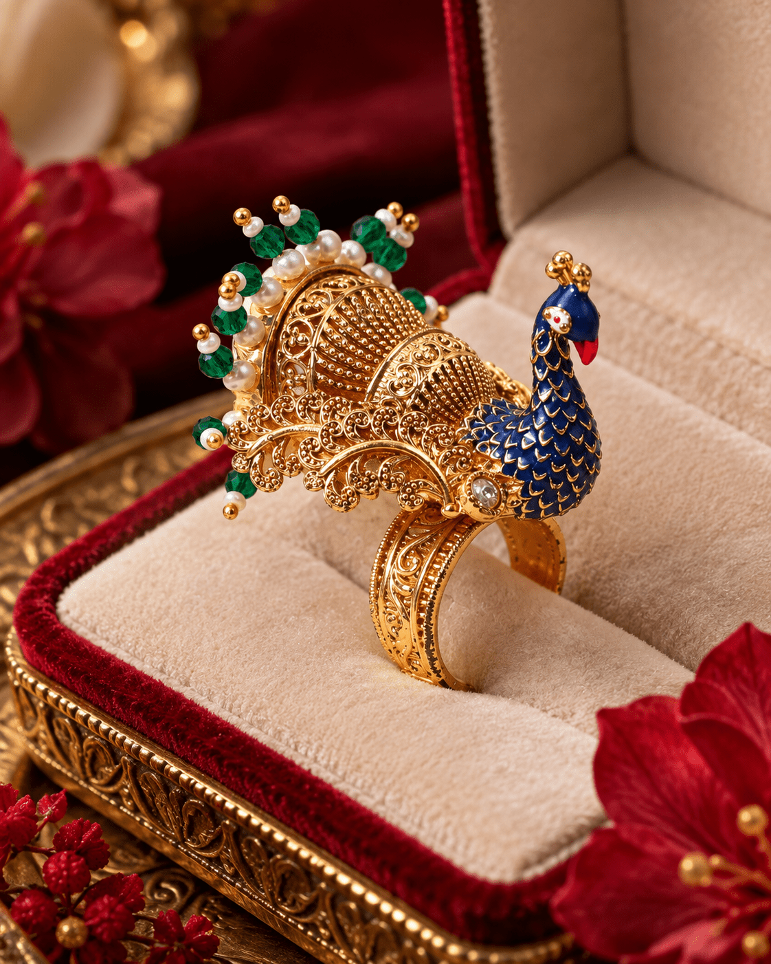 Antique Gold Peacock Pearl Tassel Statement Ring - Maxiblink