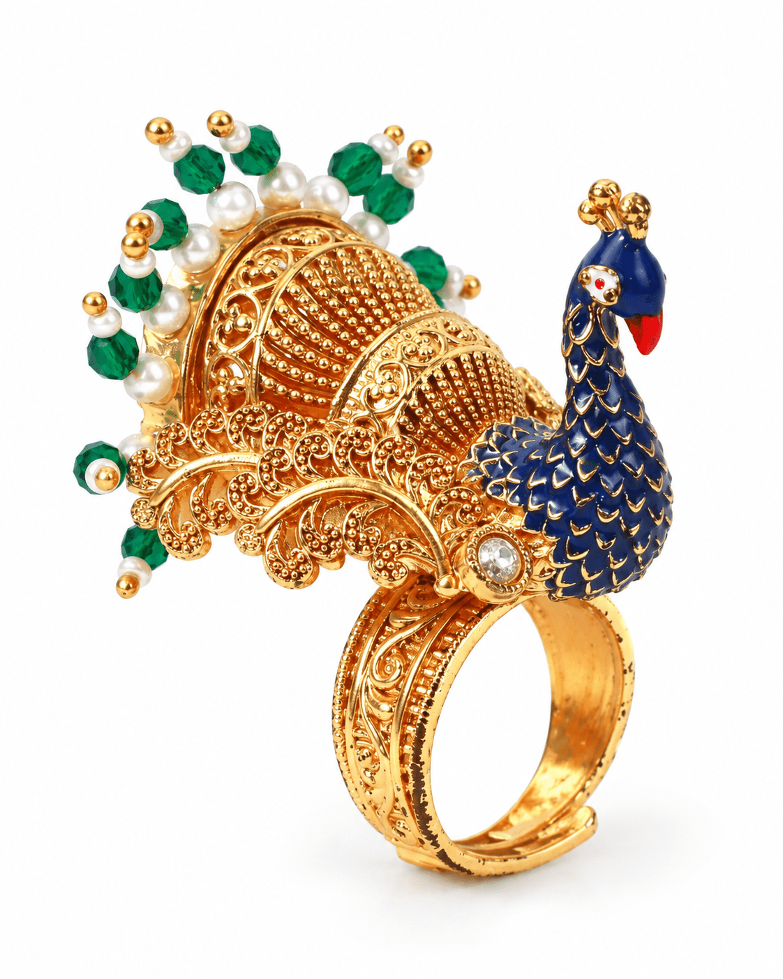 Antique Gold Peacock Pearl Tassel Statement Ring - Maxiblink