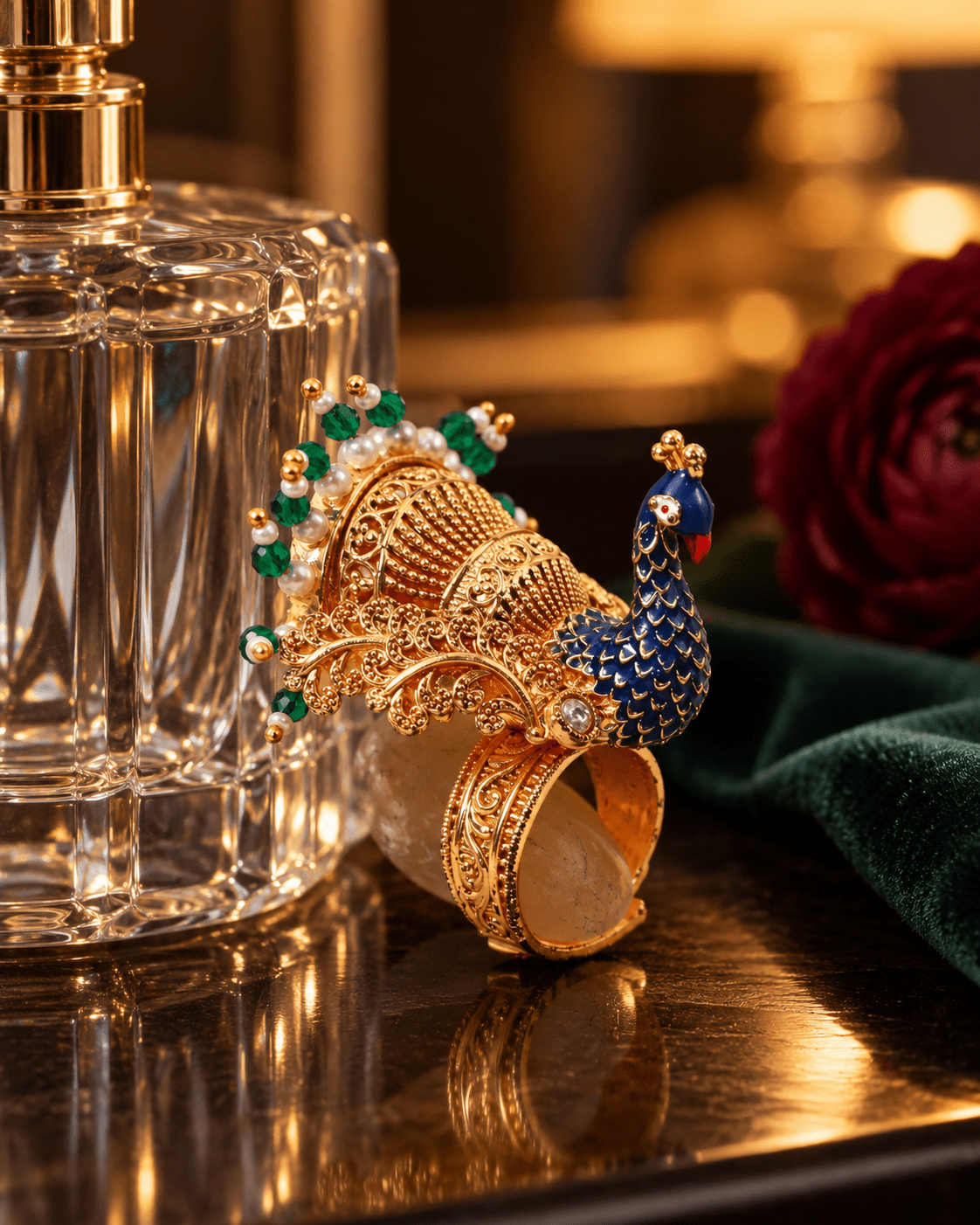 Antique Gold Peacock Pearl Tassel Statement Ring - Maxiblink