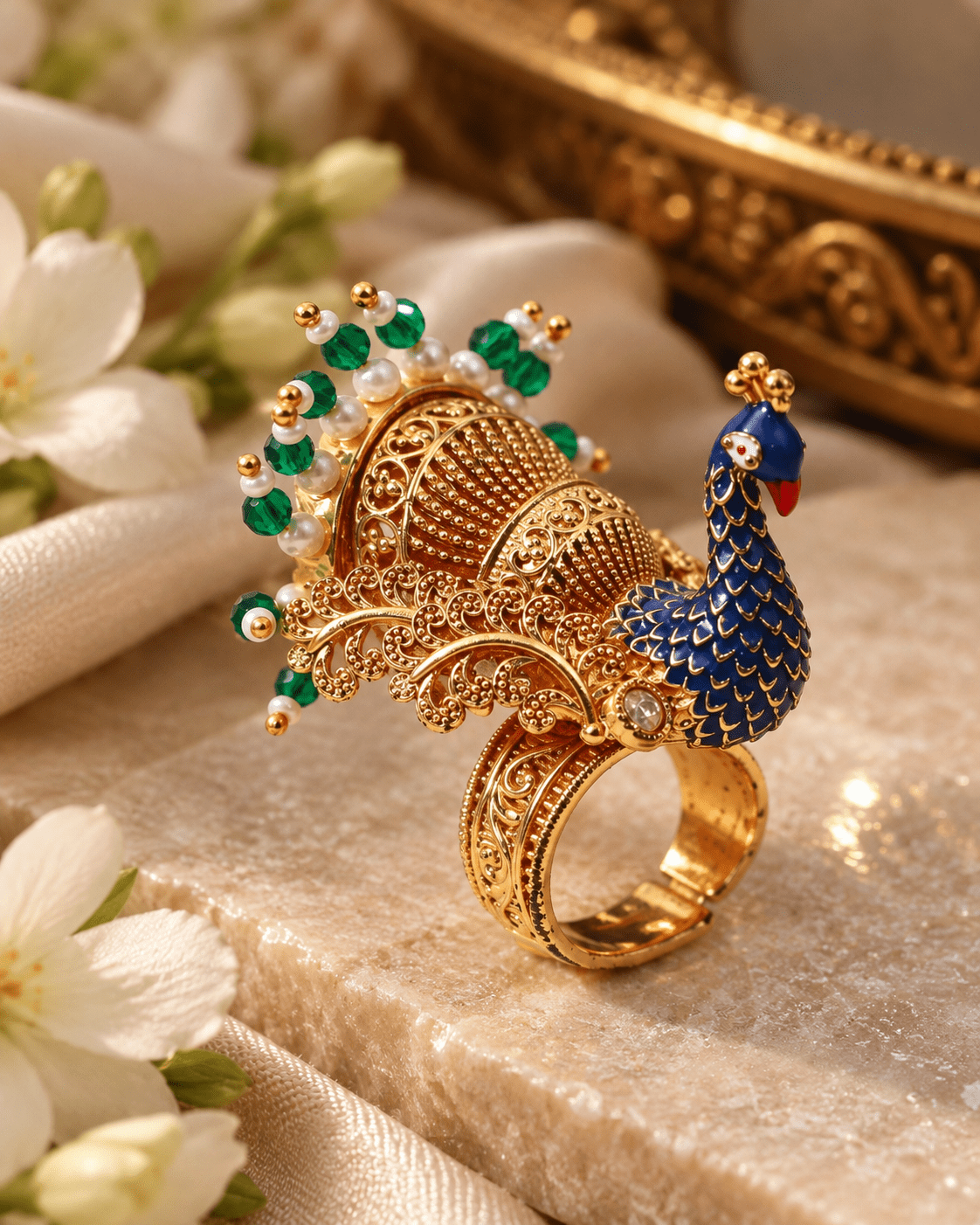 Antique Gold Peacock Pearl Tassel Statement Ring - Maxiblink