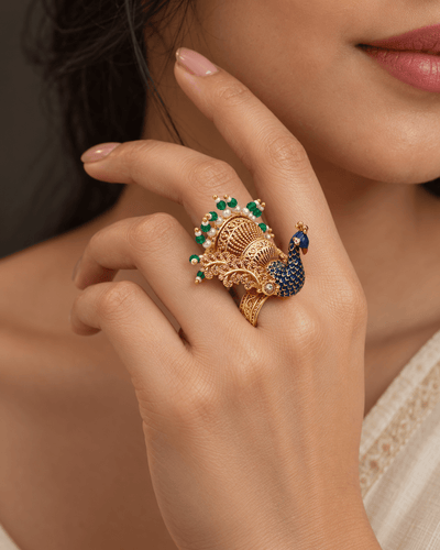 Antique Gold Peacock Pearl Tassel Statement Ring - Maxiblink