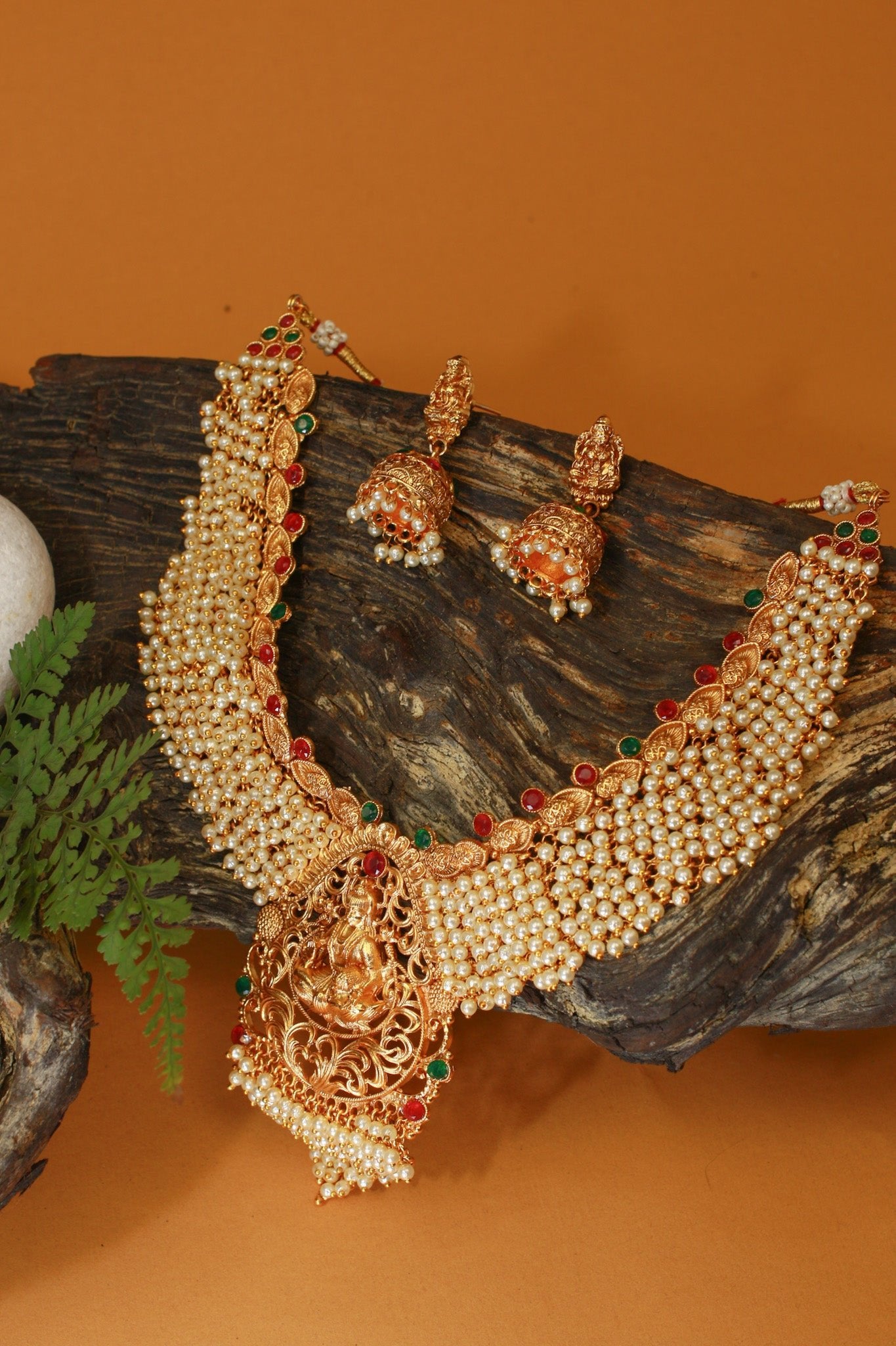 Antique Gold - Plated Lakshmi Temple Necklace Set with Pearl Layers - Maxiblink
