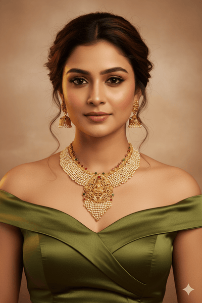 Antique Gold - Plated Lakshmi Temple Necklace Set with Pearl Layers - Maxiblink