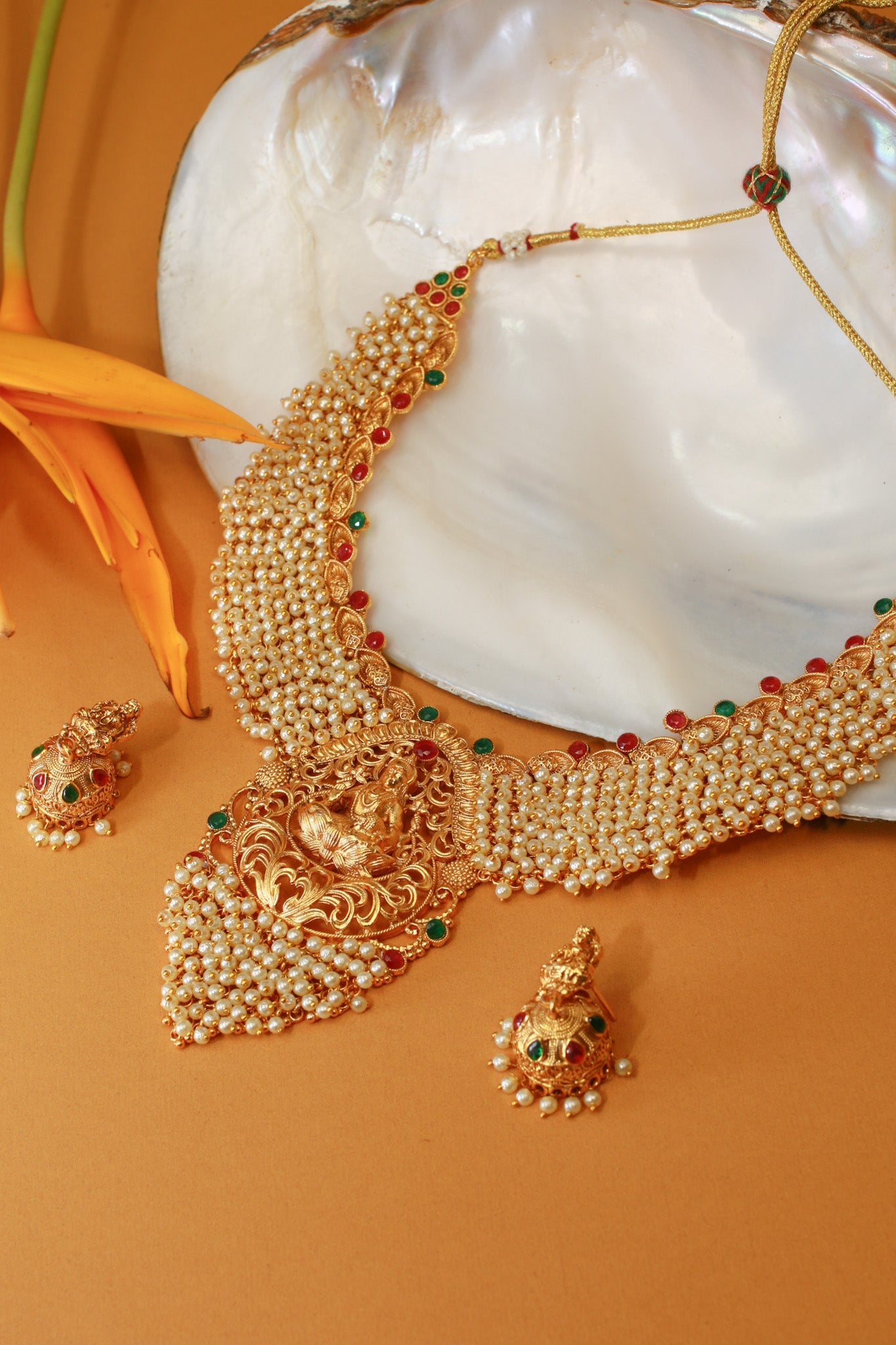 Antique Gold - Plated Lakshmi Temple Necklace Set with Pearl Layers - Maxiblink