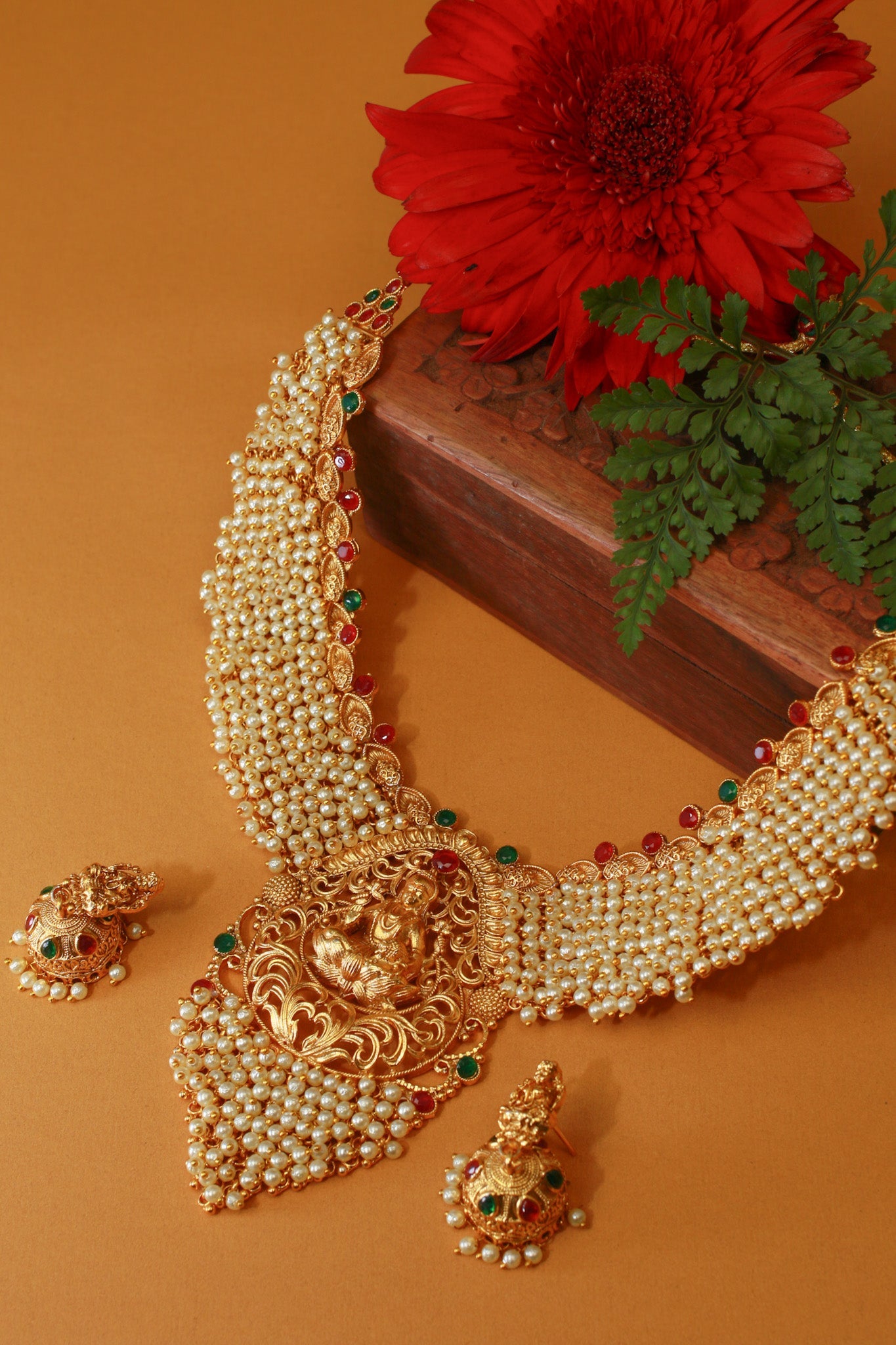 Antique Gold - Plated Lakshmi Temple Necklace Set with Pearl Layers - Maxiblink