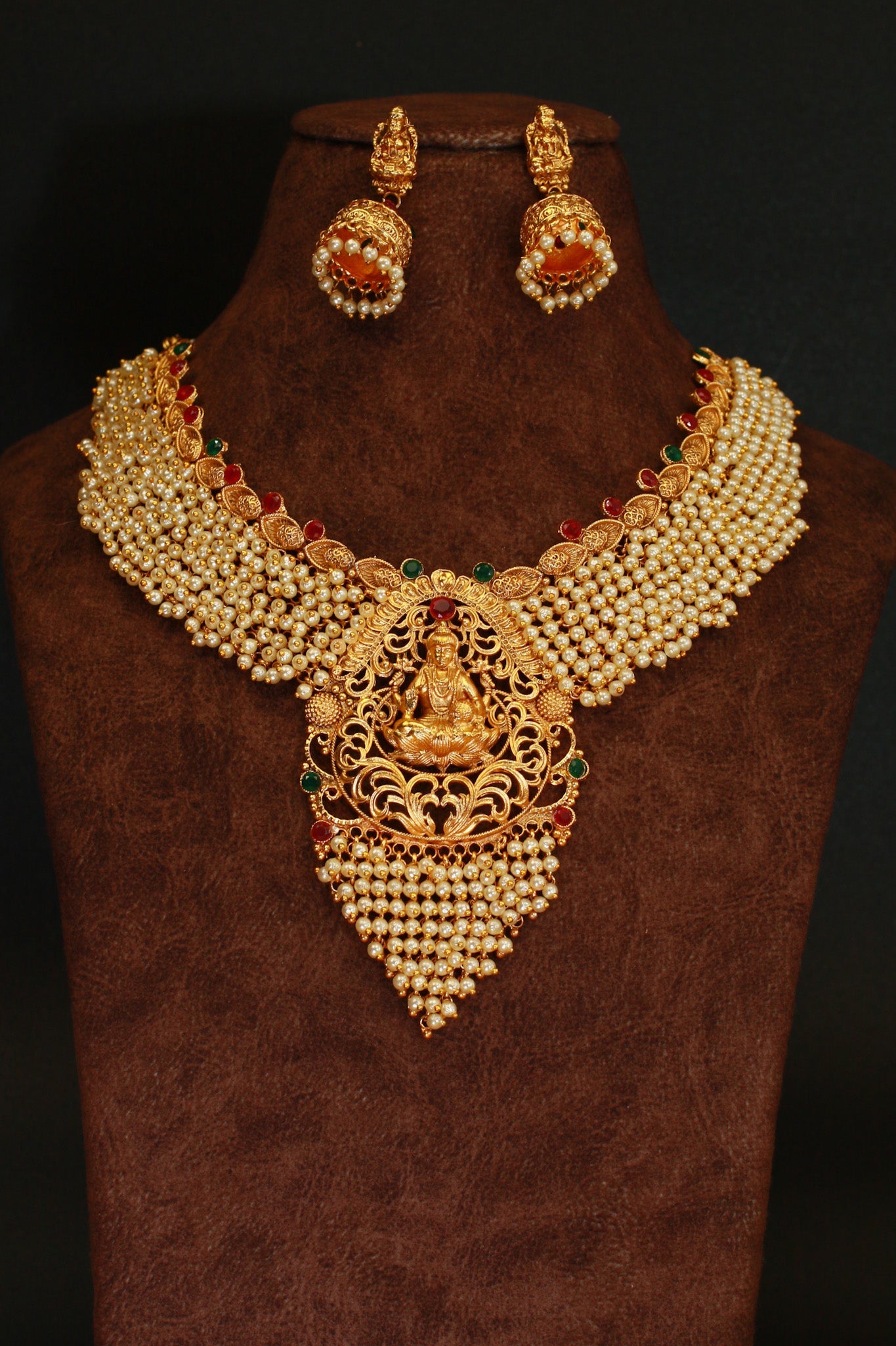 Antique Gold - Plated Lakshmi Temple Necklace Set with Pearl Layers - Maxiblink