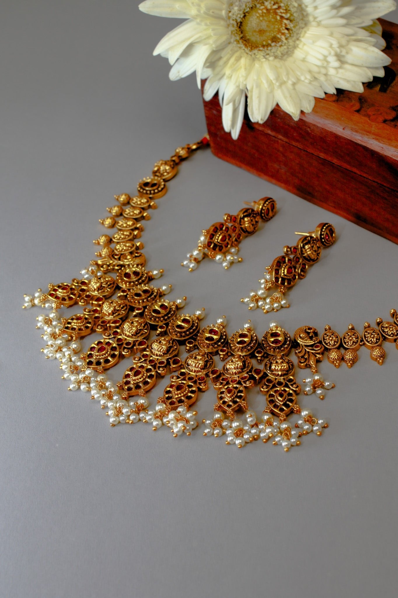 Antique Lakshmi Coin Temple Necklace Set with Ruby Kemp & Pearls - Maxiblink