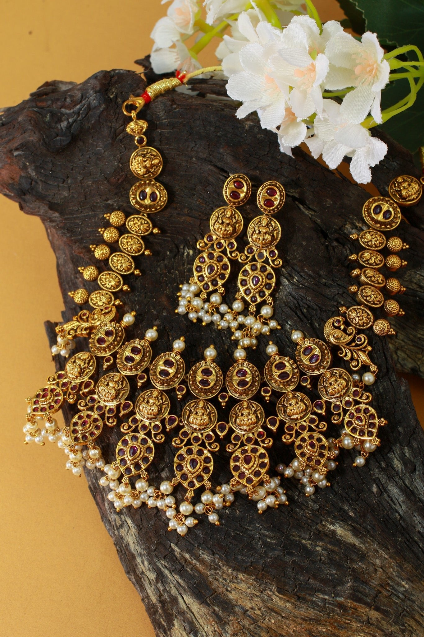 Antique Lakshmi Coin Temple Necklace Set with Ruby Kemp & Pearls - Maxiblink