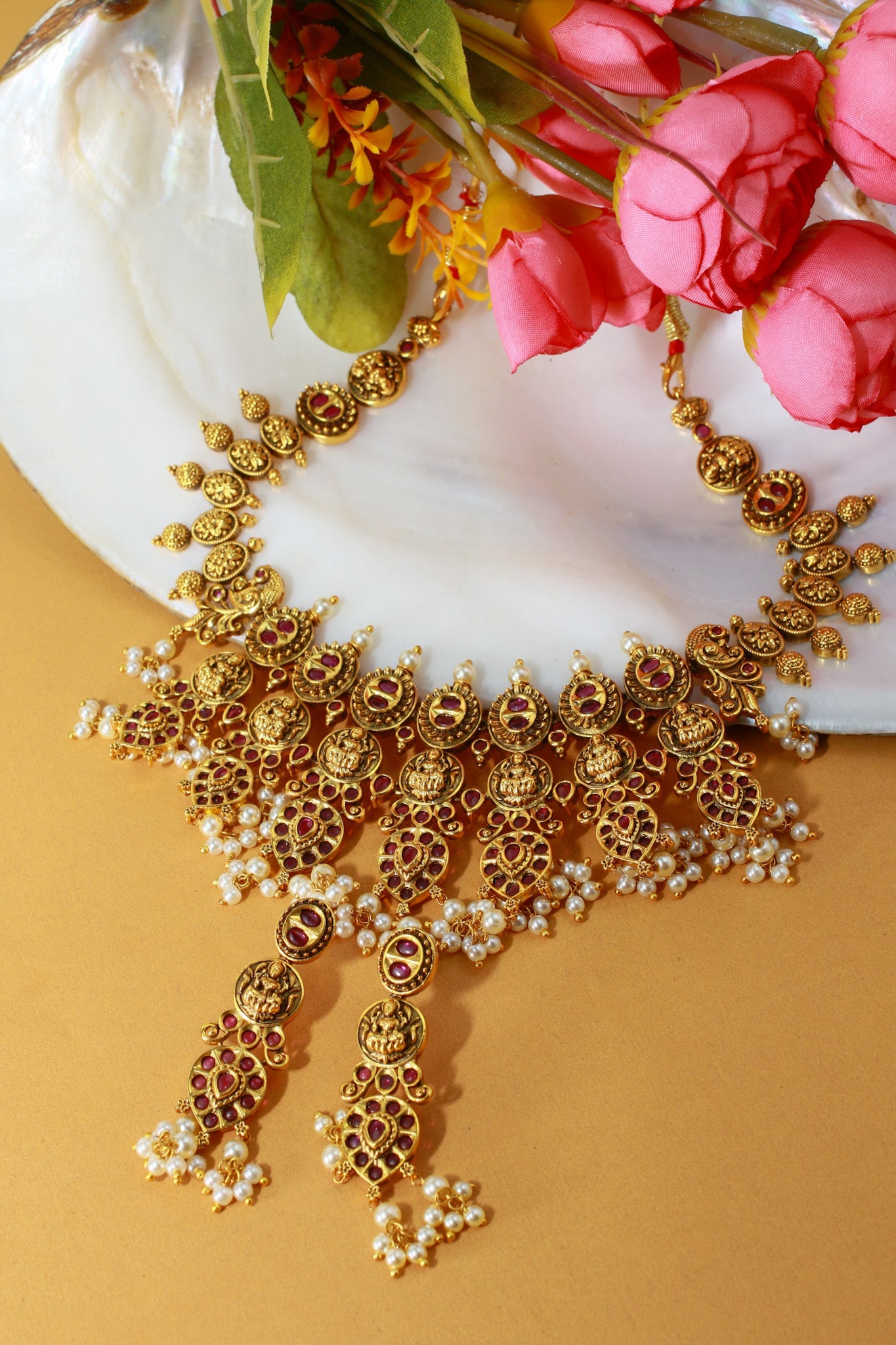 Antique Lakshmi Coin Temple Necklace Set with Ruby Kemp & Pearls - Maxiblink