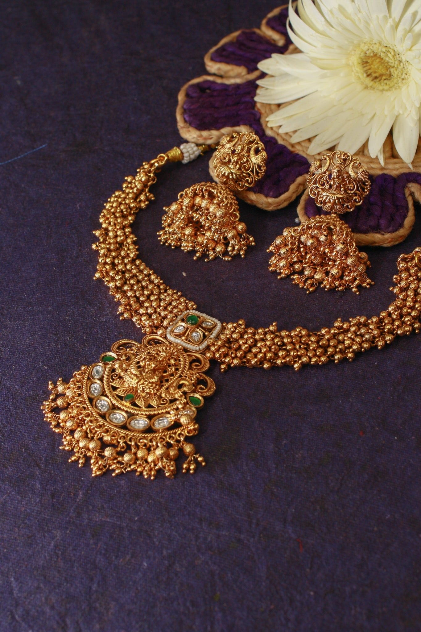 Antique Lakshmi Temple Necklace Set with Green Kundan & Jhumkas - Maxiblink