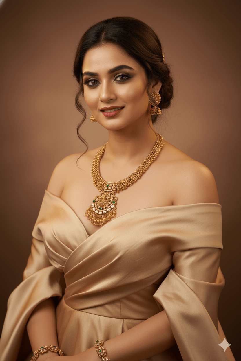 Antique Lakshmi Temple Necklace Set with Green Kundan & Jhumkas - Maxiblink