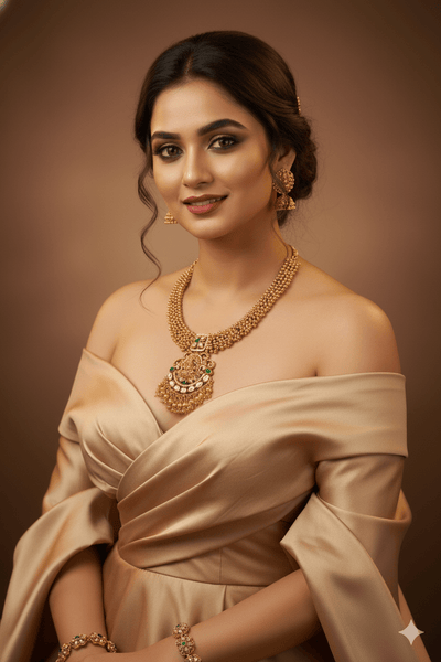 Antique Lakshmi Temple Necklace Set with Green Kundan & Jhumkas