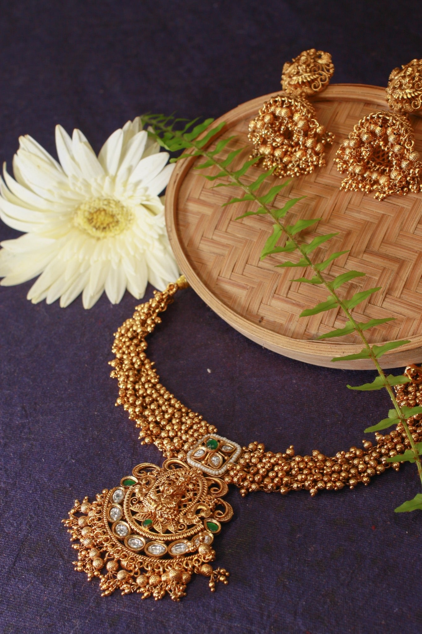 Antique Lakshmi Temple Necklace Set with Green Kundan & Jhumkas - Maxiblink