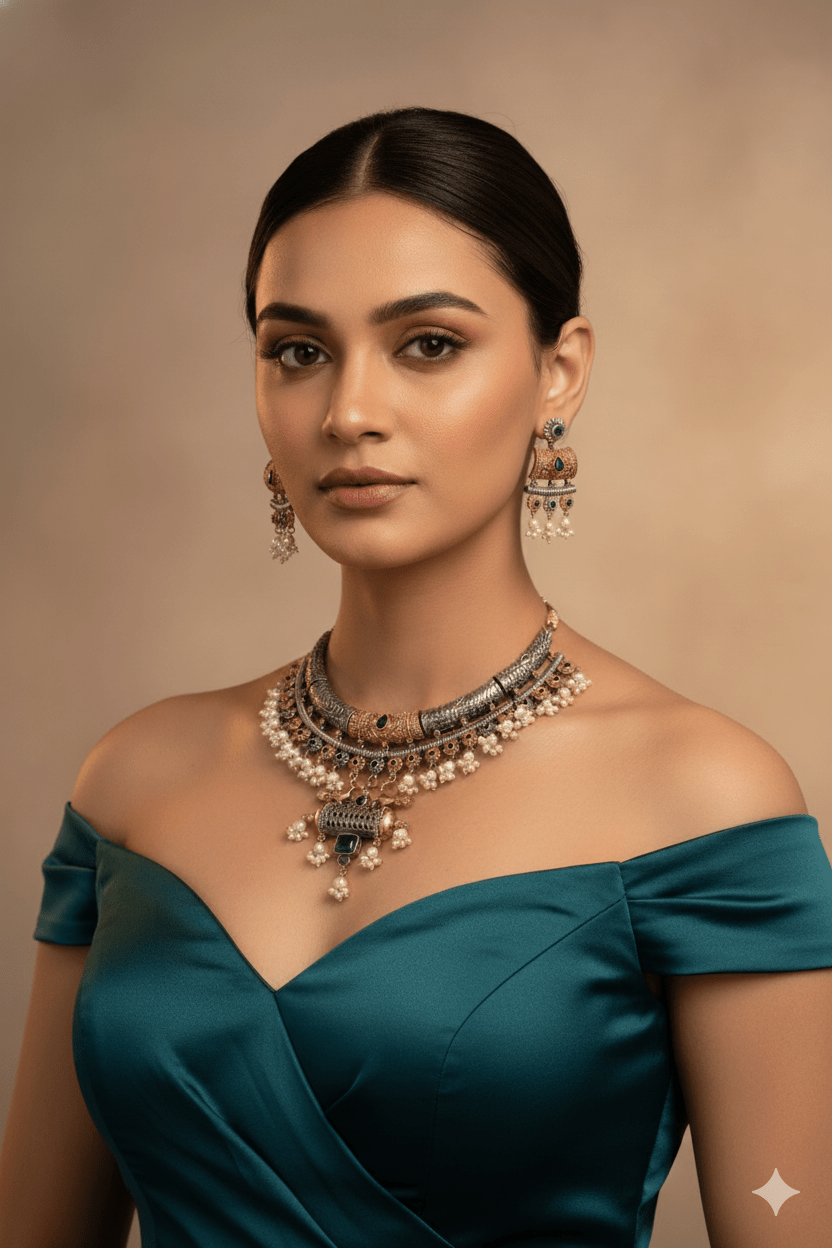 Antique Oxidised Silver Choker Necklace Set with Earrings for Women - Maxiblink