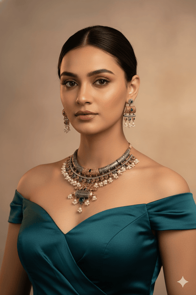 Antique Oxidised Silver Choker Necklace Set with Earrings for Women - Maxiblink