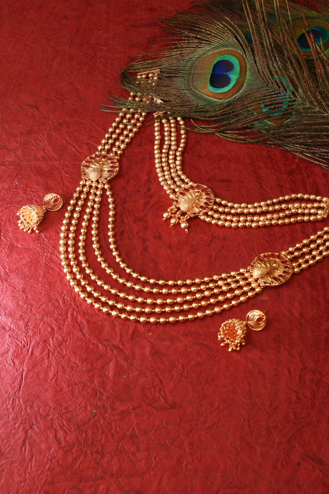 Antique Peacock Medallion Temple Haar Necklace Set - Maxiblink