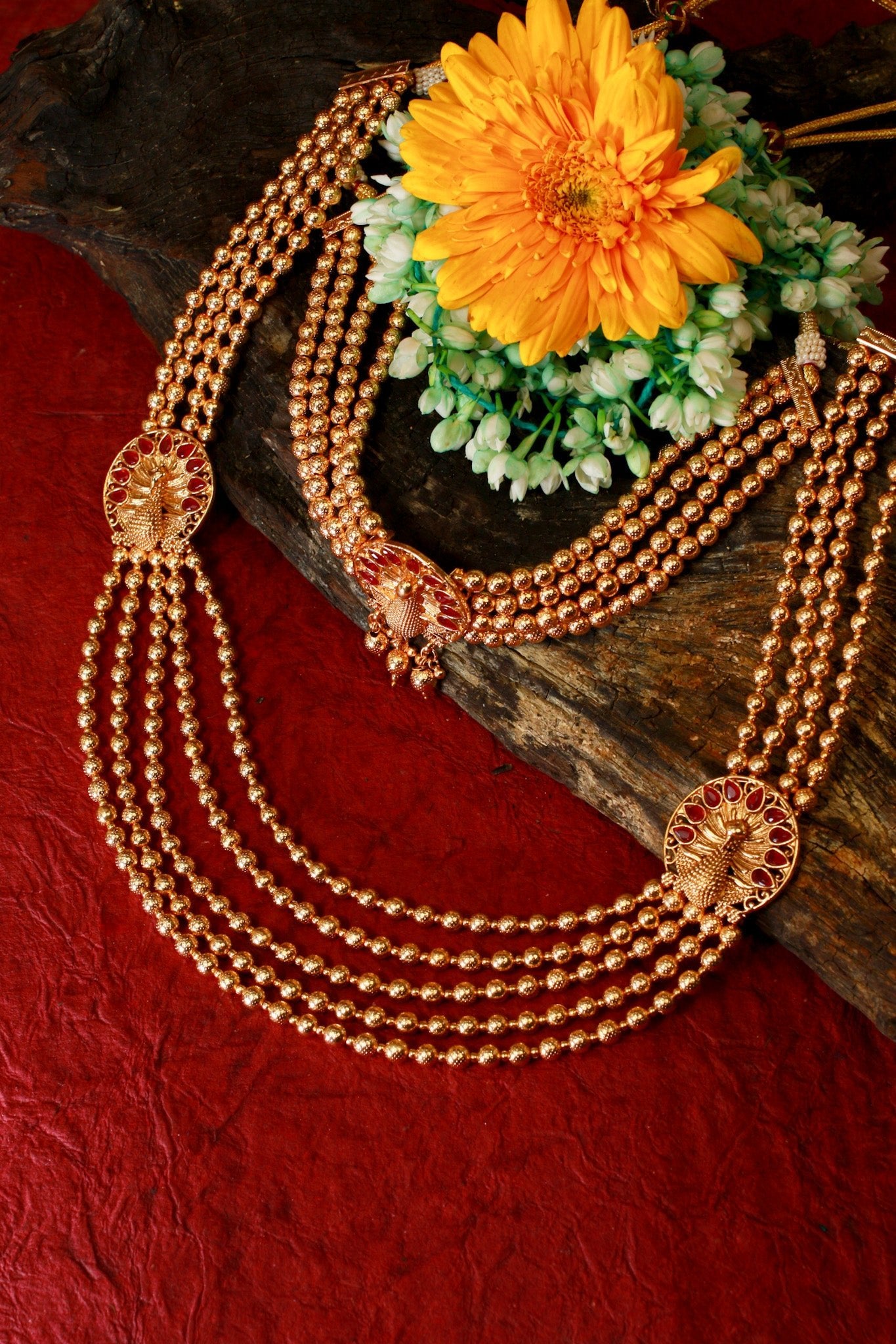 Antique Peacock Medallion Temple Haar Necklace Set - Maxiblink