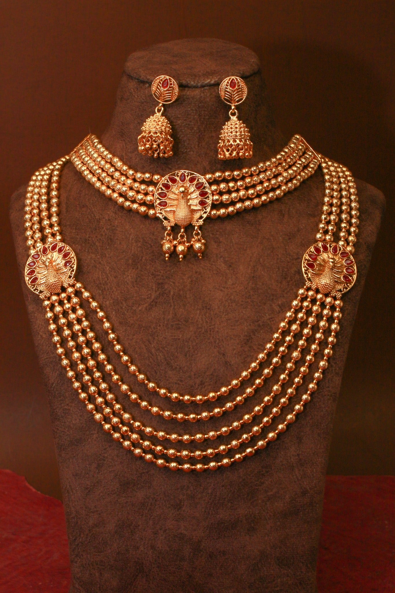 Antique Peacock Medallion Temple Haar Necklace Set - Maxiblink