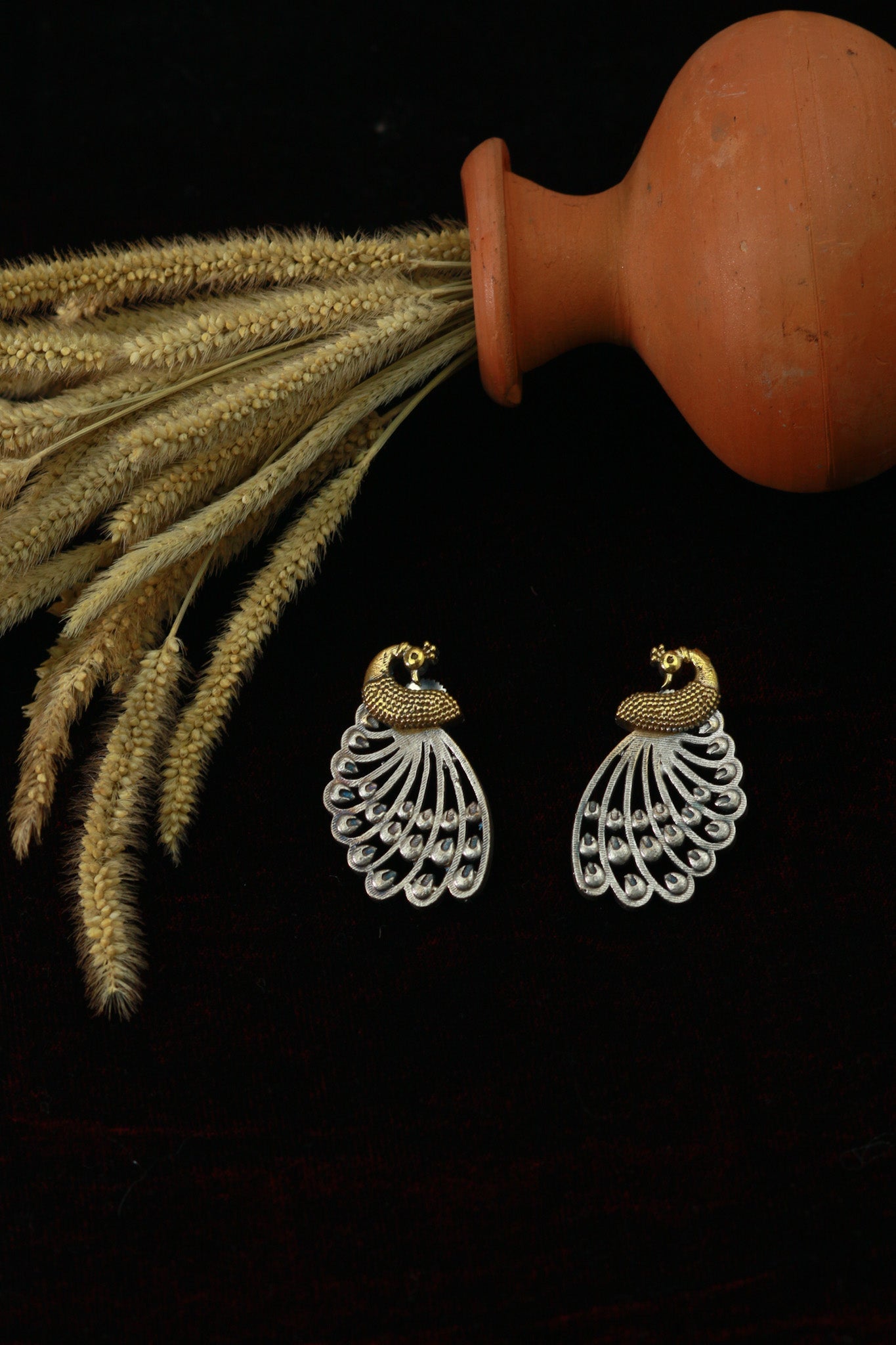 Antique Peacock Oxidised German Silver Stud Earrings – Dual Tone - Maxiblink