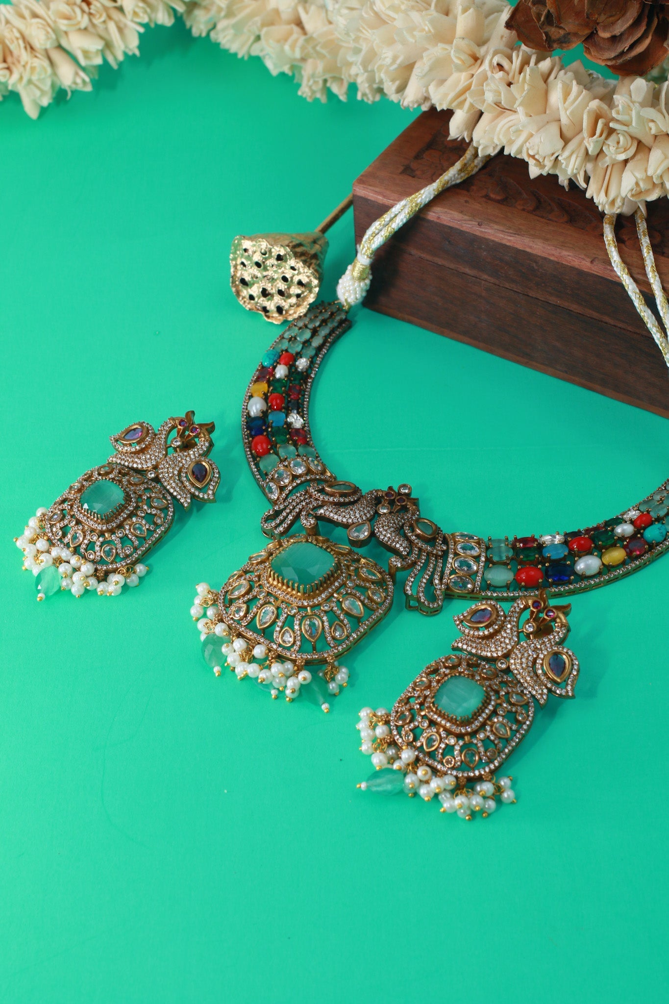 Antique Peacock Temple Necklace with Navaratna Stones & Emerald Center - Maxiblink