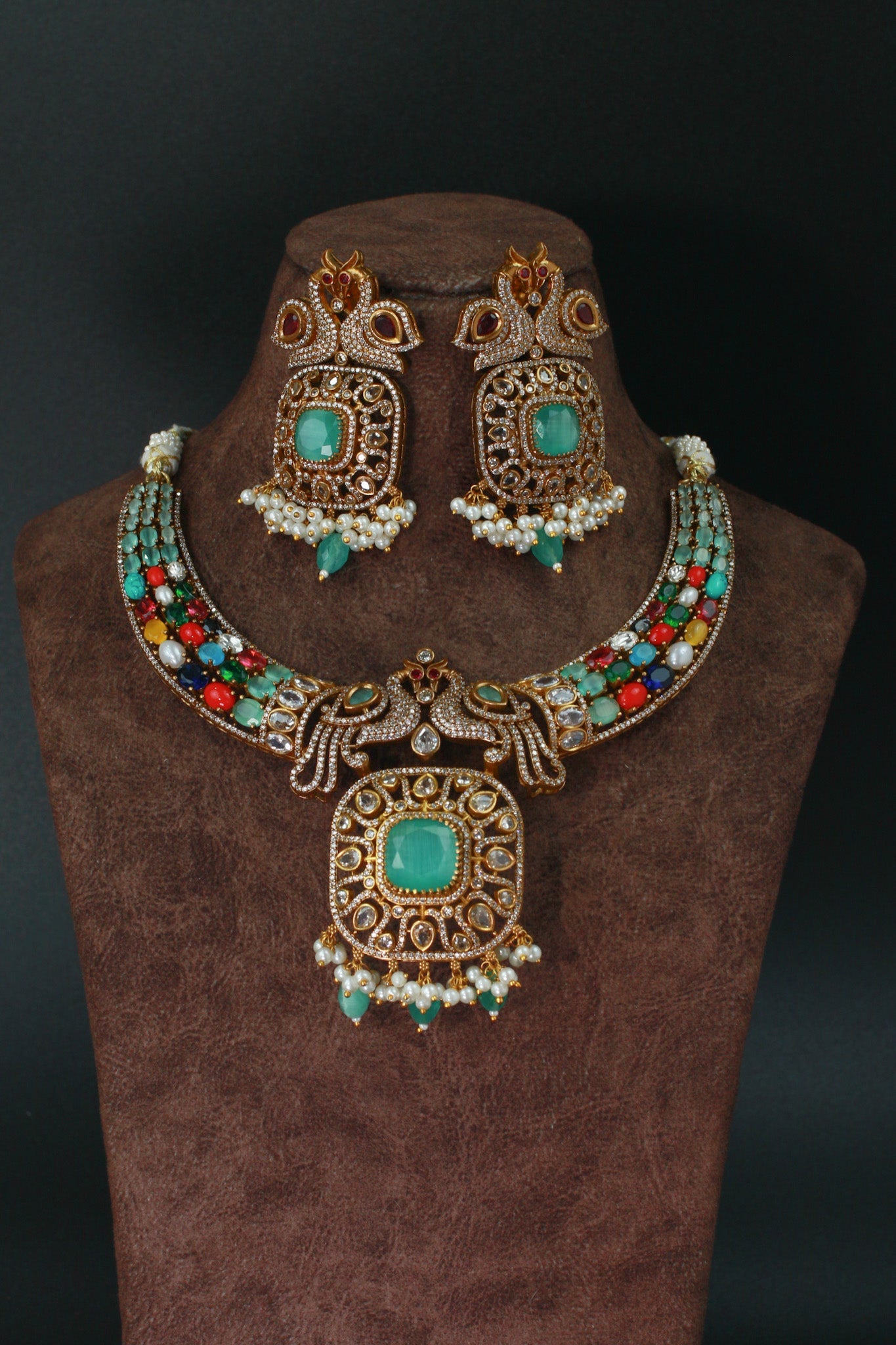 Antique Peacock Temple Necklace with Navaratna Stones & Emerald Center - Maxiblink