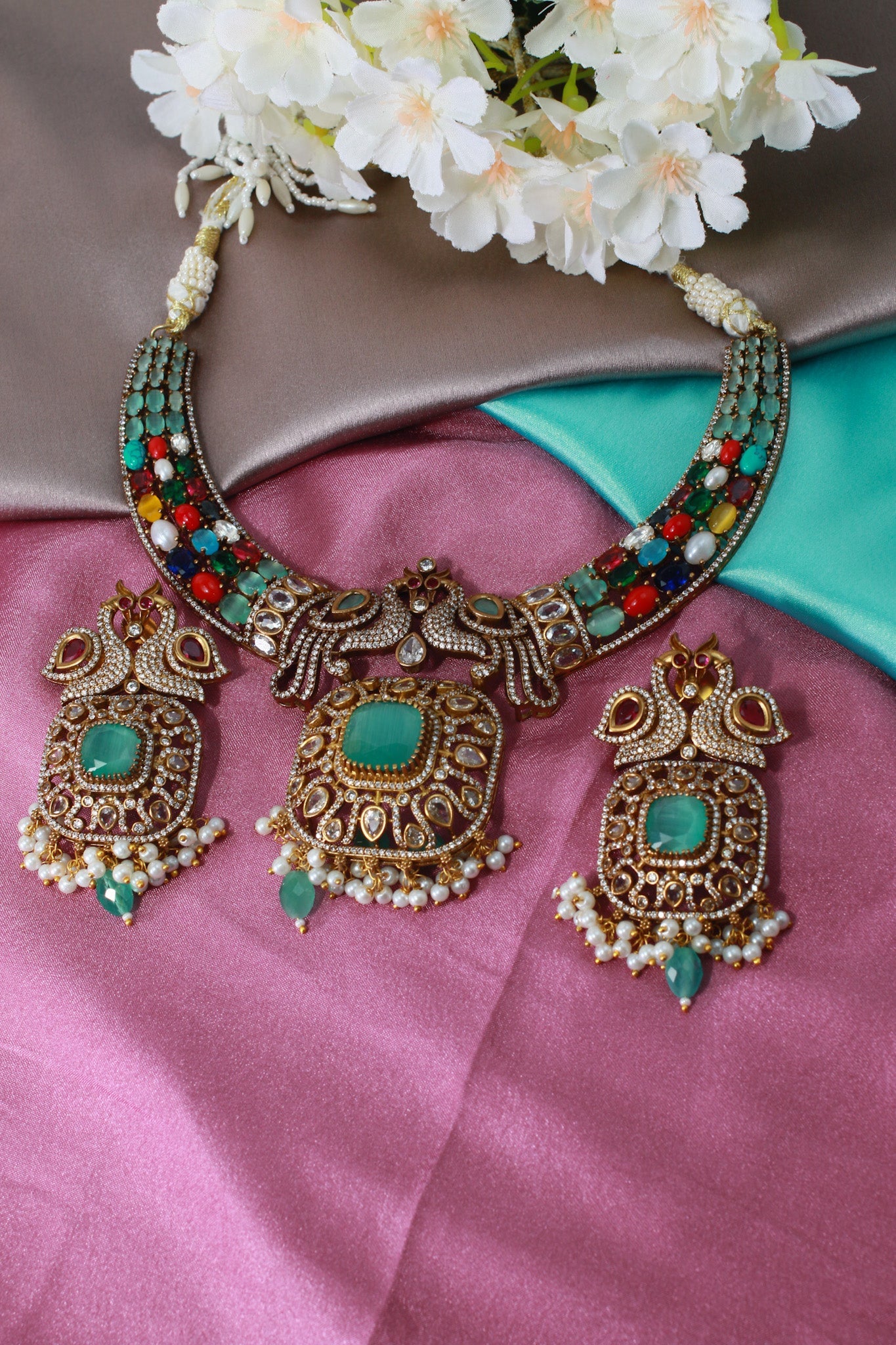 Antique Peacock Temple Necklace with Navaratna Stones & Emerald Center - Maxiblink