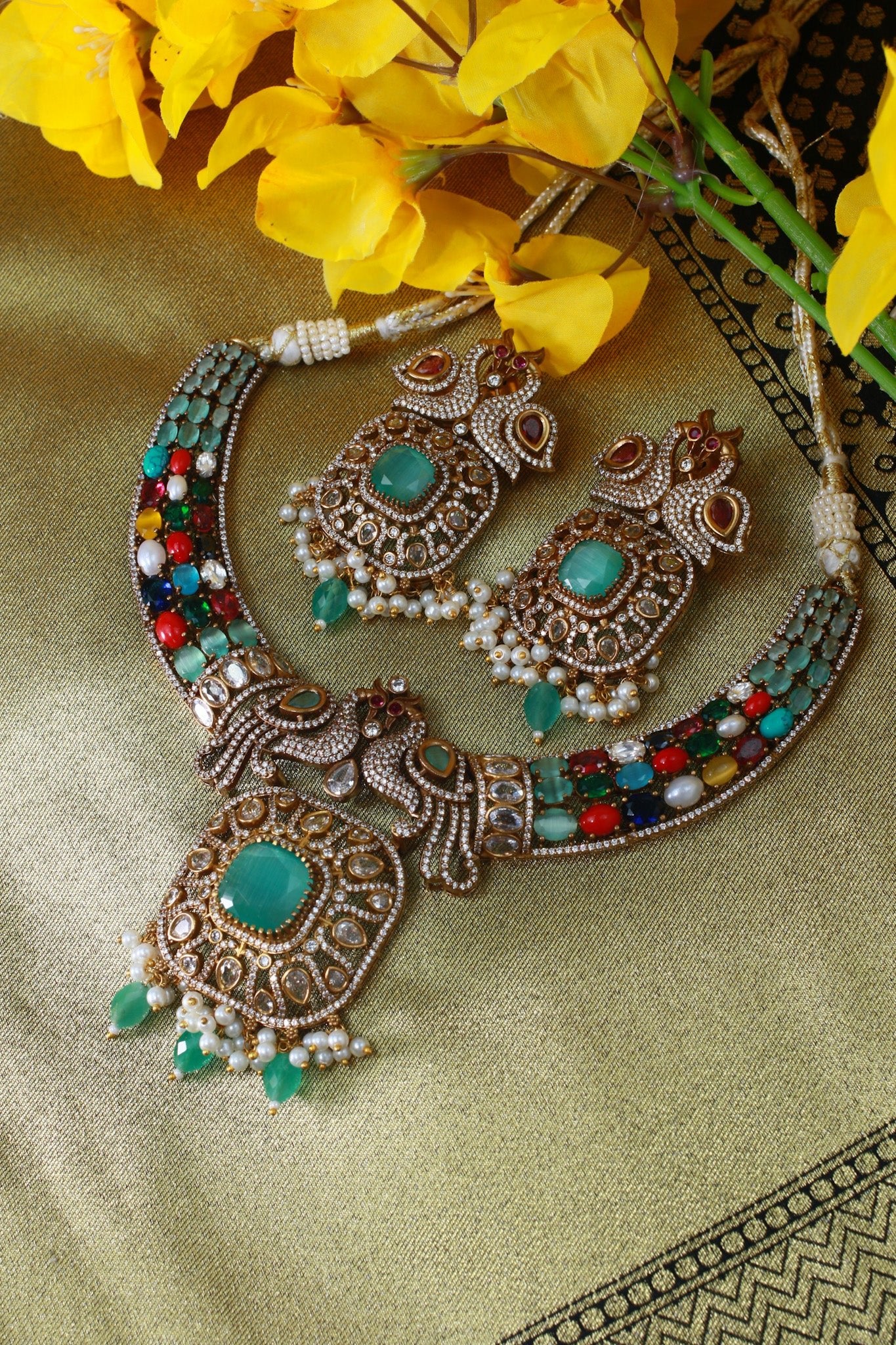 Antique Peacock Temple Necklace with Navaratna Stones & Emerald Center - Maxiblink