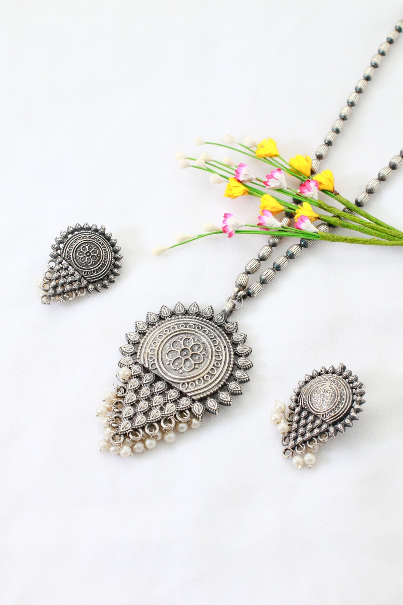 Antique Sunburst Pendant Set with Pearls | Oxidised German Silver - Maxiblink