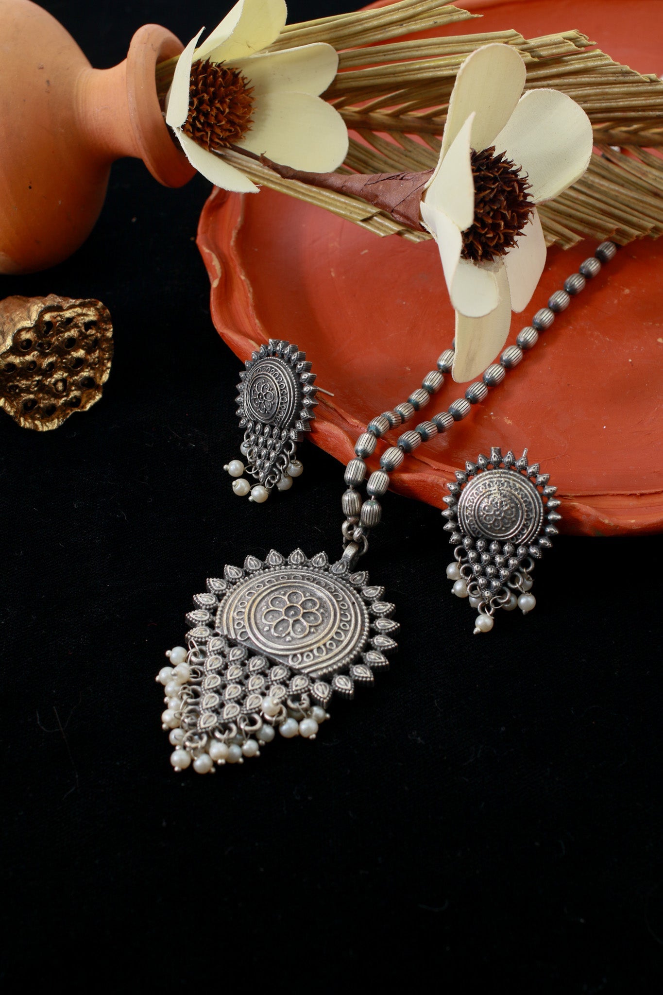 Antique Sunburst Pendant Set with Pearls | Oxidised German Silver - Maxiblink