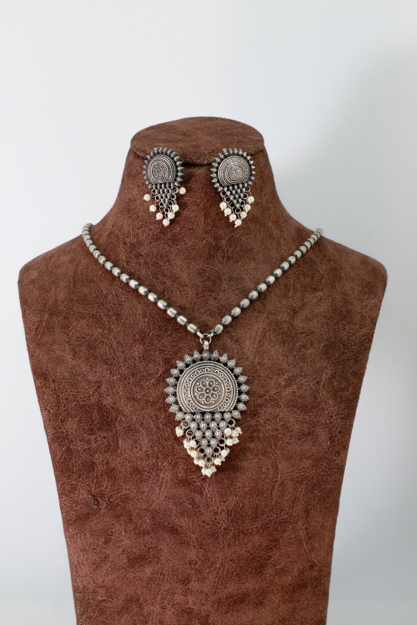 Antique Sunburst Pendant Set with Pearls | Oxidised German Silver - Maxiblink
