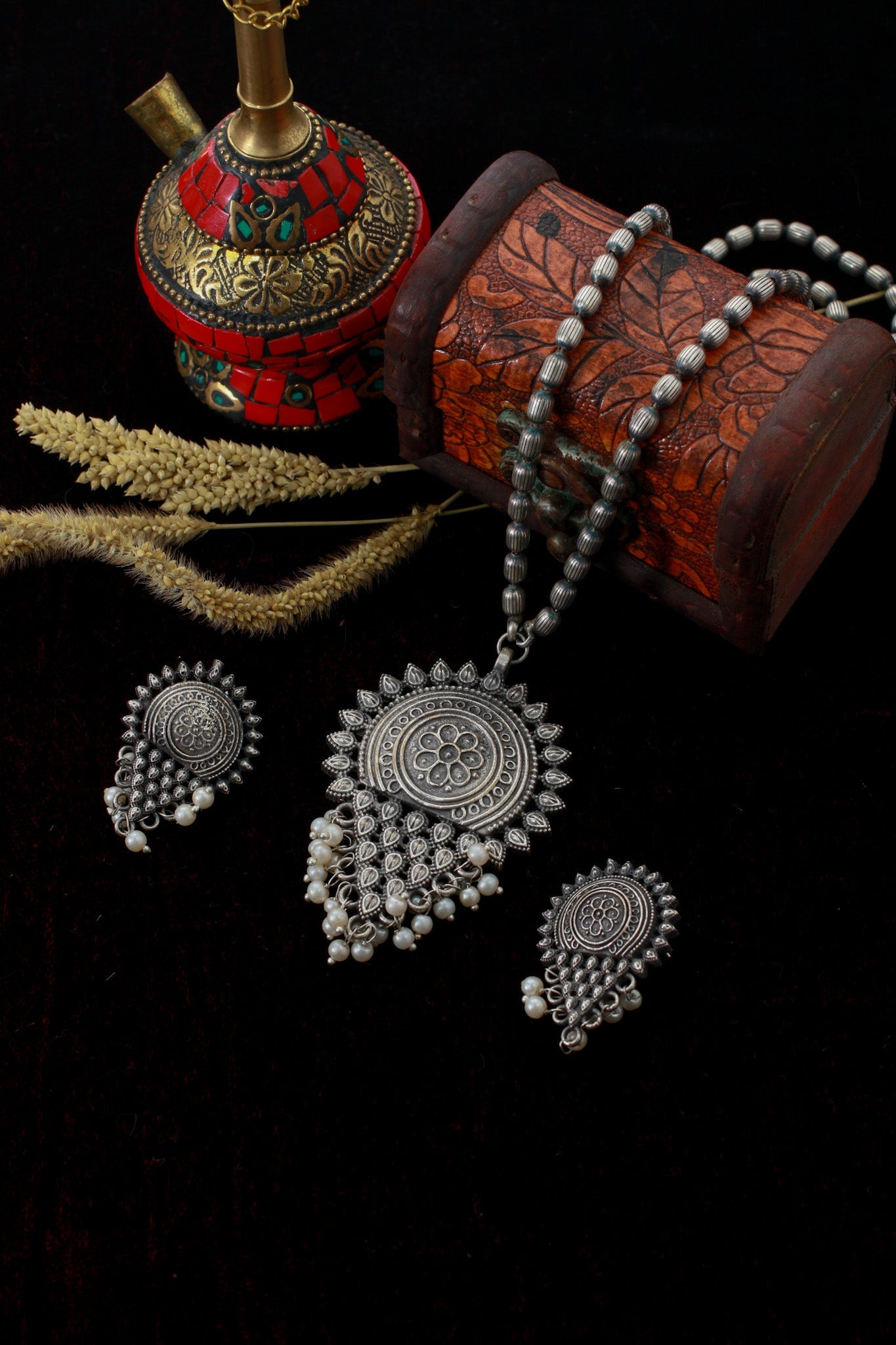 Antique Sunburst Pendant Set with Pearls | Oxidised German Silver - Maxiblink