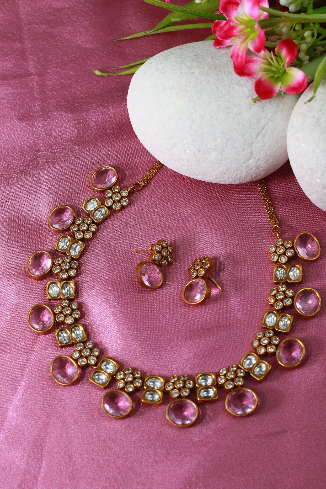 Antique Temple Necklace Set with Pastel Lilac & Polki Look Stones - Maxiblink