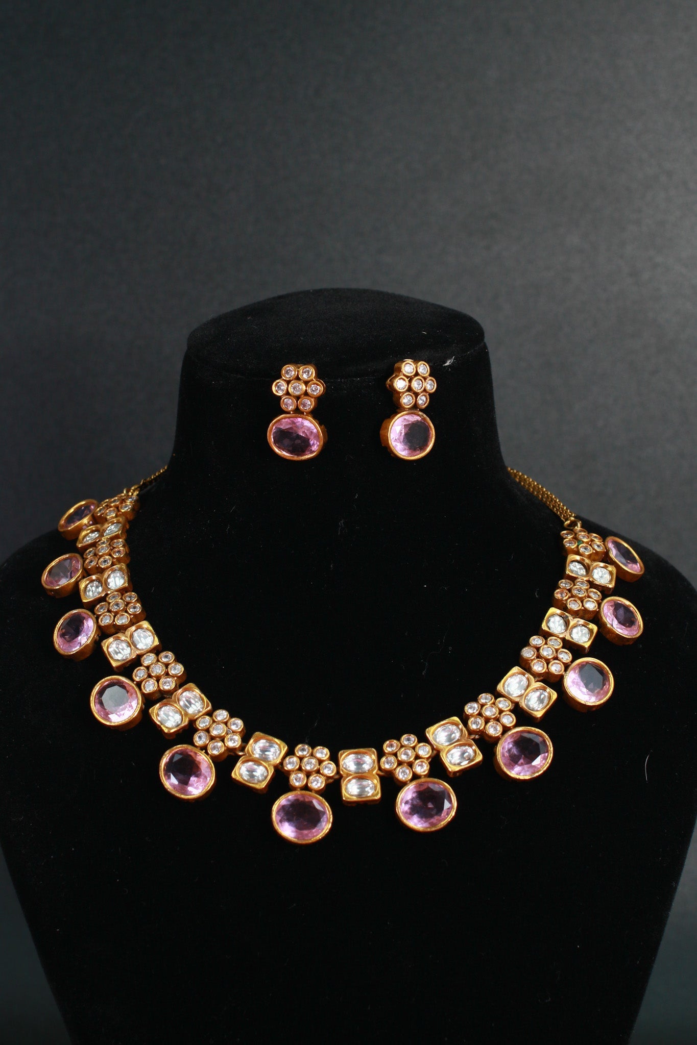 Antique Temple Necklace Set with Pastel Lilac & Polki Look Stones - Maxiblink