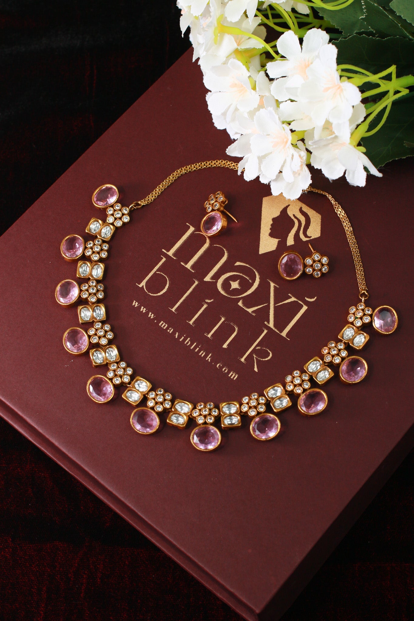 Antique Temple Necklace Set with Pastel Lilac & Polki Look Stones - Maxiblink