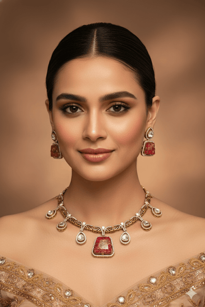Antique Temple Necklace Set with Ruby Slab Stones & Polki Drops - Maxiblink
