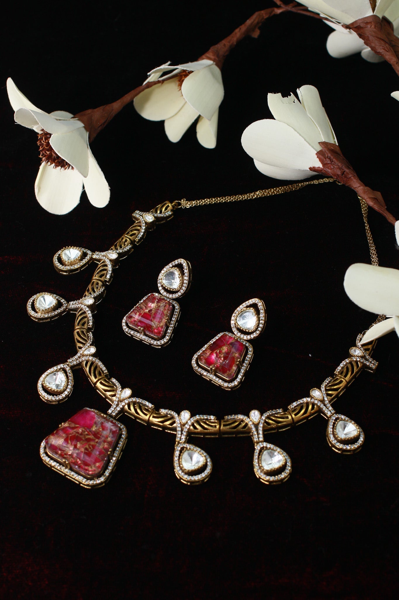 Antique Temple Necklace Set with Ruby Slab Stones & Polki Drops - Maxiblink