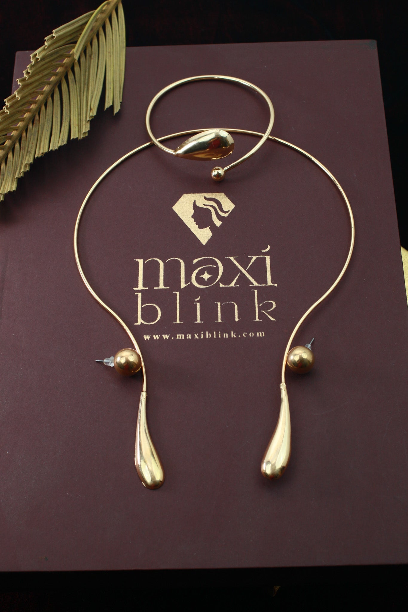 Anti‑Tarnish Gold Teardrop Open Collar Necklace & Bracelet Set – Premium Minimal Statement Jewellery - Maxiblink