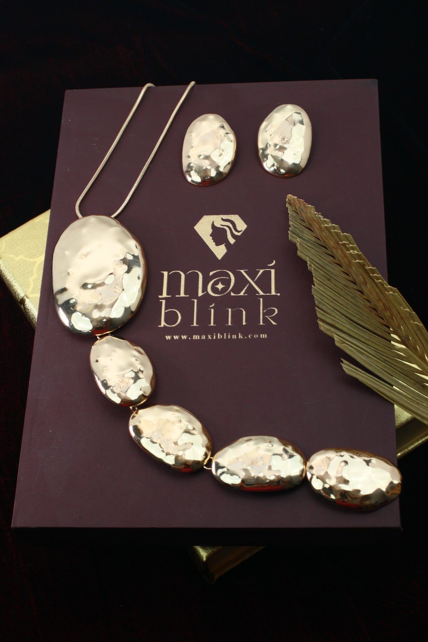 Anti‑Tarnish Long Hammered Gold Pendant Necklace Set with Earrings – Designer Premium Statement Jewellery - Maxiblink