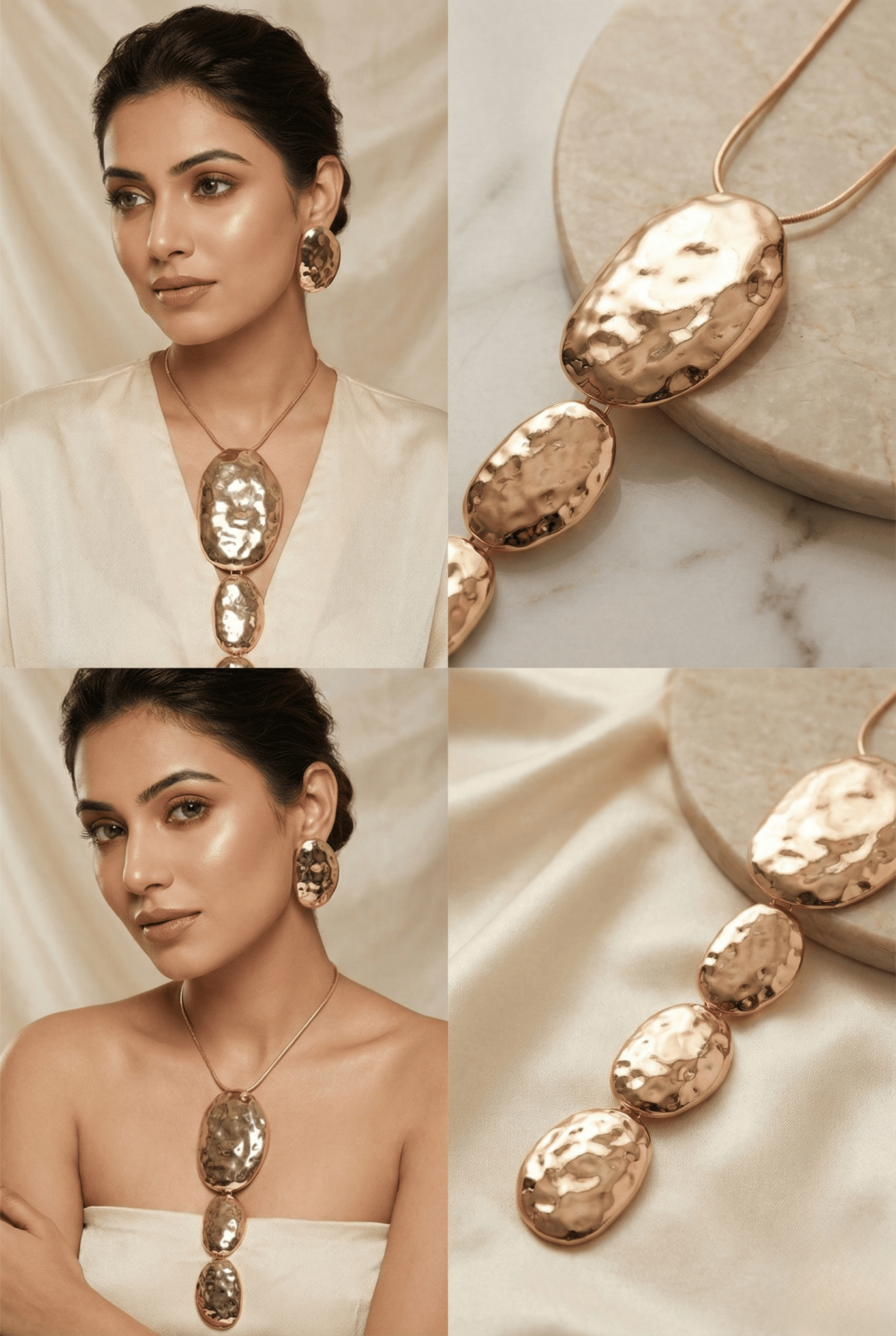 Anti‑Tarnish Long Hammered Gold Pendant Necklace Set with Earrings – Designer Premium Statement Jewellery - Maxiblink