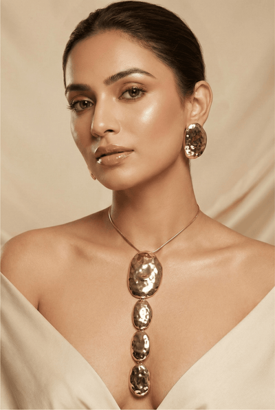 Anti‑Tarnish Long Hammered Gold Pendant Necklace Set with Earrings – Designer Premium Statement Jewellery - Maxiblink