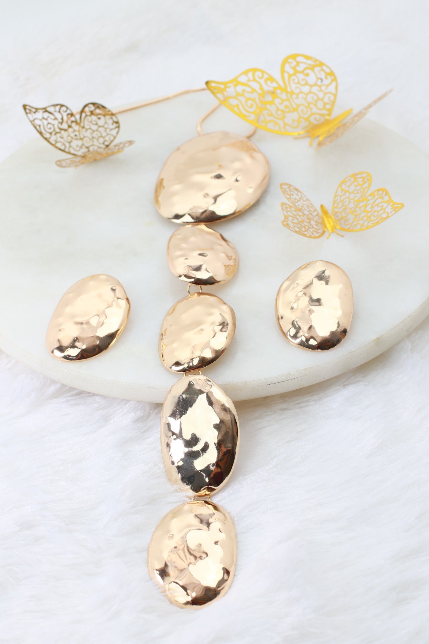 Anti‑Tarnish Long Hammered Gold Pendant Necklace Set with Earrings – Designer Premium Statement Jewellery - Maxiblink